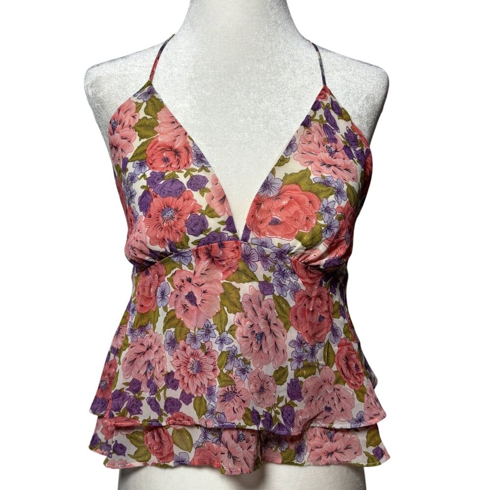 Womens XS Floral Print Halter Top Back Adjustable Straps tiered Ruffle Hem Fairy
